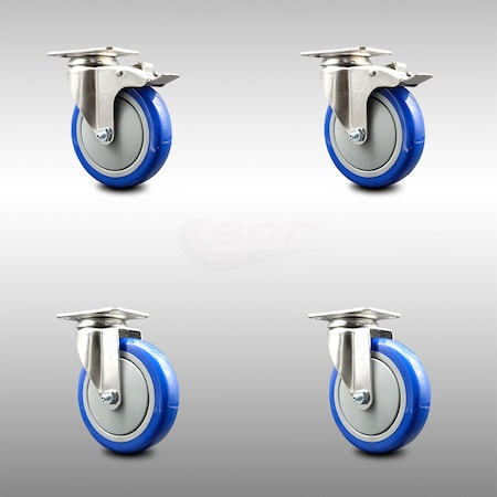 Service Caster 5 Inch 316SS Blue Polyurethane Wheel Swivel Top Plate Caster Lock Brakes, 2PK SCC-SS316TTL20S514-PPUB-BLUE-2-S-2